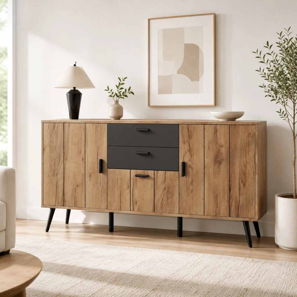 Credenza con 3 ante e 2 cassetti; 7 vani - per soggiorno o cucina - in MDF - 140x35x67 cm