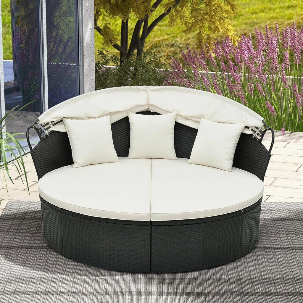 Letto da giardino esterno rotondo Ø187 cm in rattan PE con baldacchino retrattile, divano letto esterno per 2-3 persone, set salotto da giardino con cuscini(Beige)