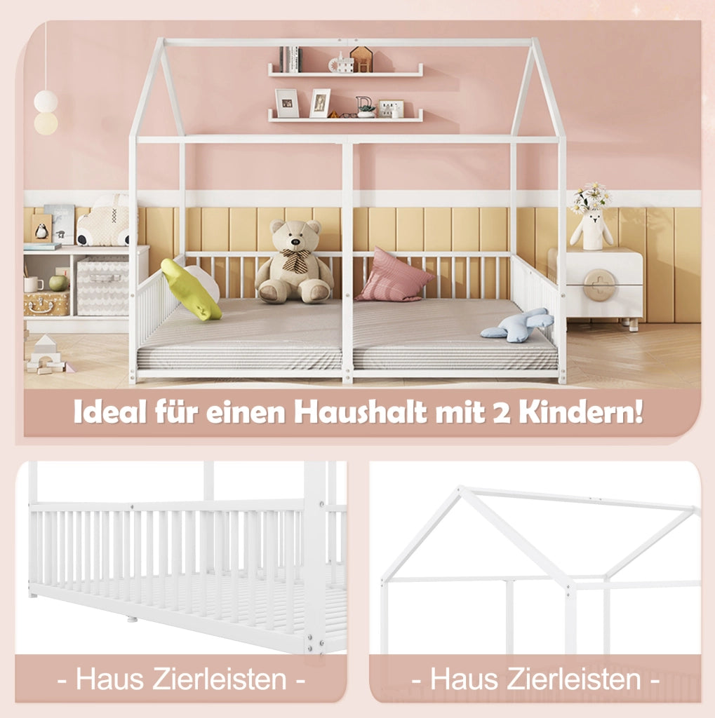 Letto per bambini in metallo 90x200 cm con sponda, forma a casetta, bianco