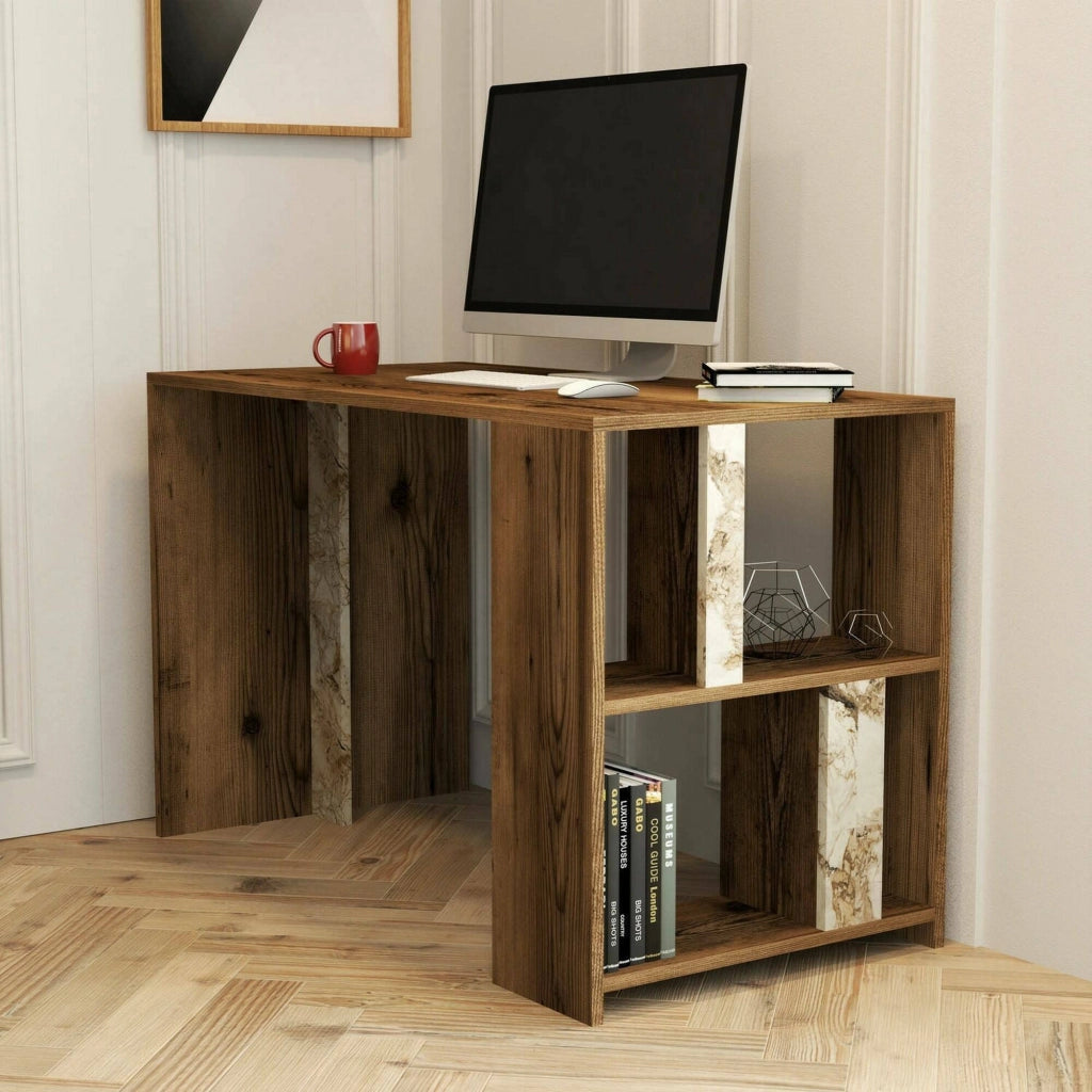Scrivania Bising, Scrittoio multiuso, Tavolo per ufficio porta PC, Piano di lavoro, 120x60h75 cm, Noce e Bianco Marmo