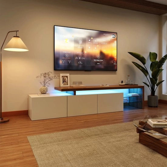 Cassettone TV con illuminazione LED 160cm in design asimmetrico con ripiani, spazio di stoccaggio, verniciatura lucida.
