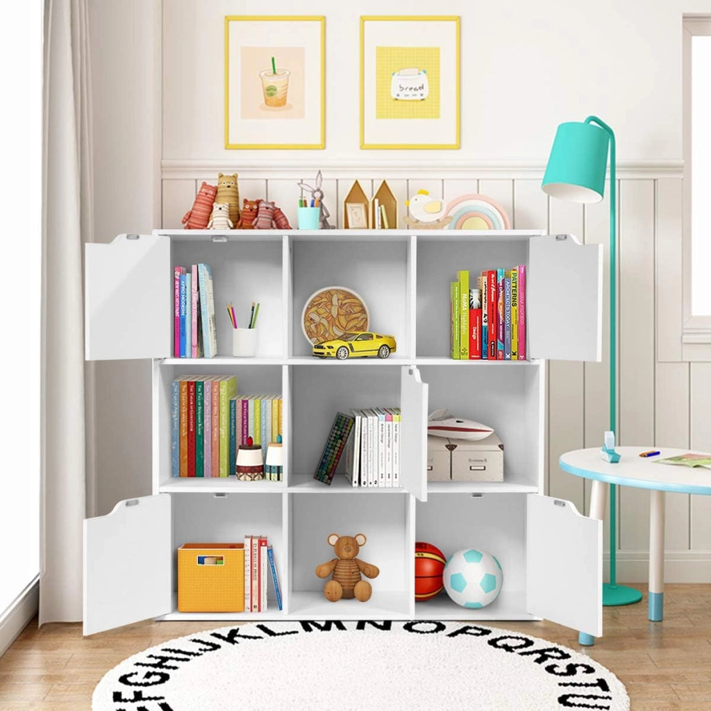 Armadietto Libreria a 3 Livelli, con 6/9 Scomparti, 3/5 Ante, Mobiletto Portalibri Moderno, Multiuso e Salvaspazio, Ideale per Soggiorno, Studio, Ufficio, Camera (Bianco, 90x29x90 cm)