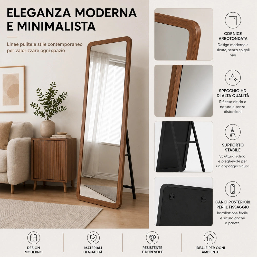 Specchio Doppia Installazione Rovere Parete o Indipendente Moderno 160x50 cm