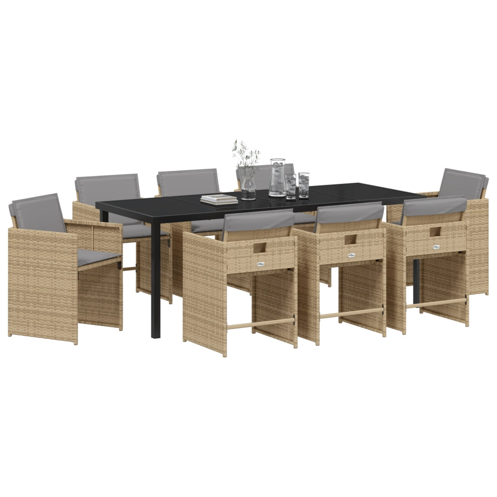 Set da Pranzo da Giardino 9 Pezzi con Cuscini Polyrattan Beige