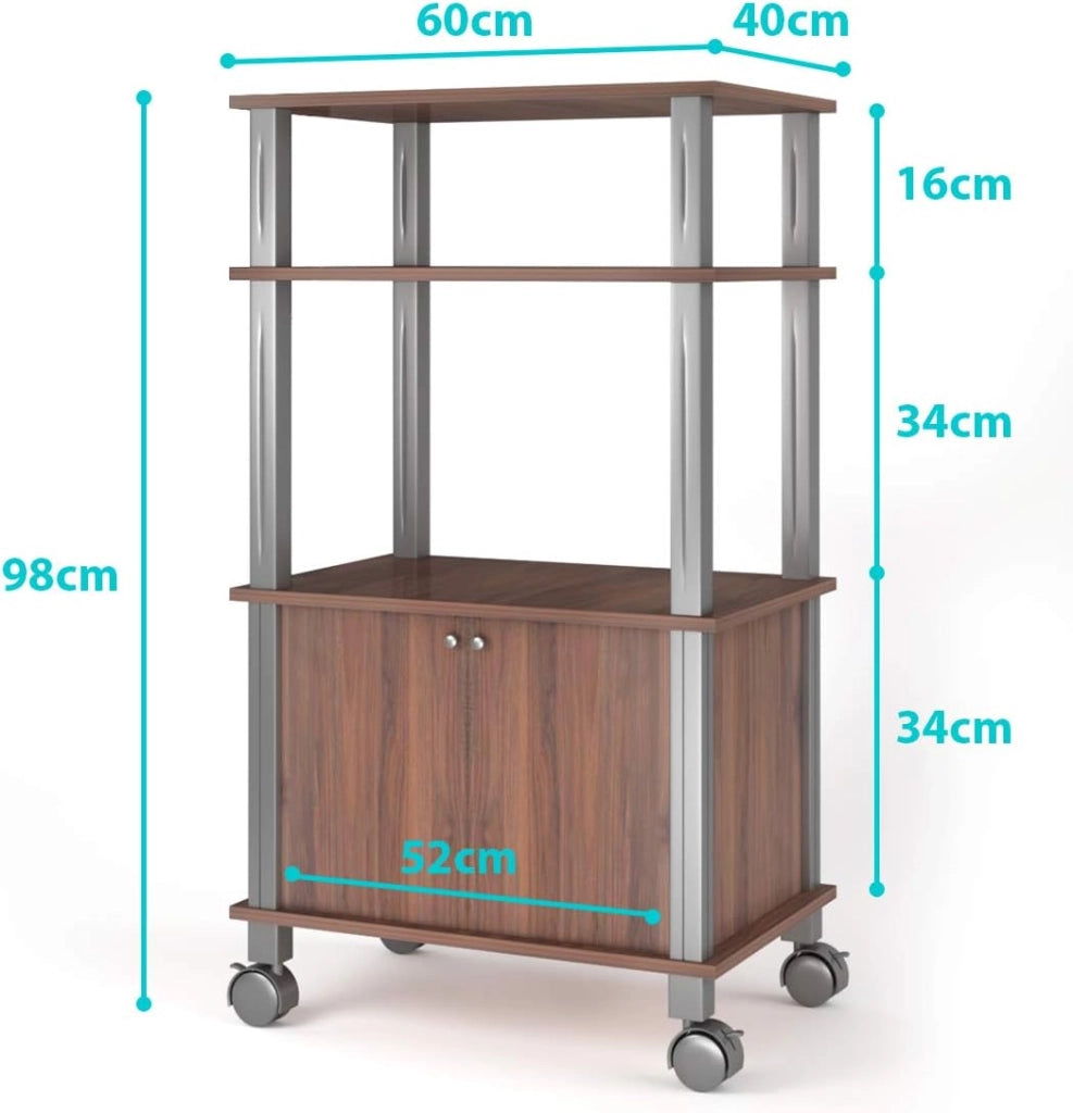Carrello a rotelle a microonde, carrello da cucina a microonde, con 4 ruote e 2 freni, ripiano portaoggetti a 3 livelli e armadio ante,60 x 40 x 98 cm (Marrone)