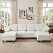 Divano a U con chaise longue bilaterale, tasche laterali e braccioli removibili in chenille beige 268 × 128 × 84 cm