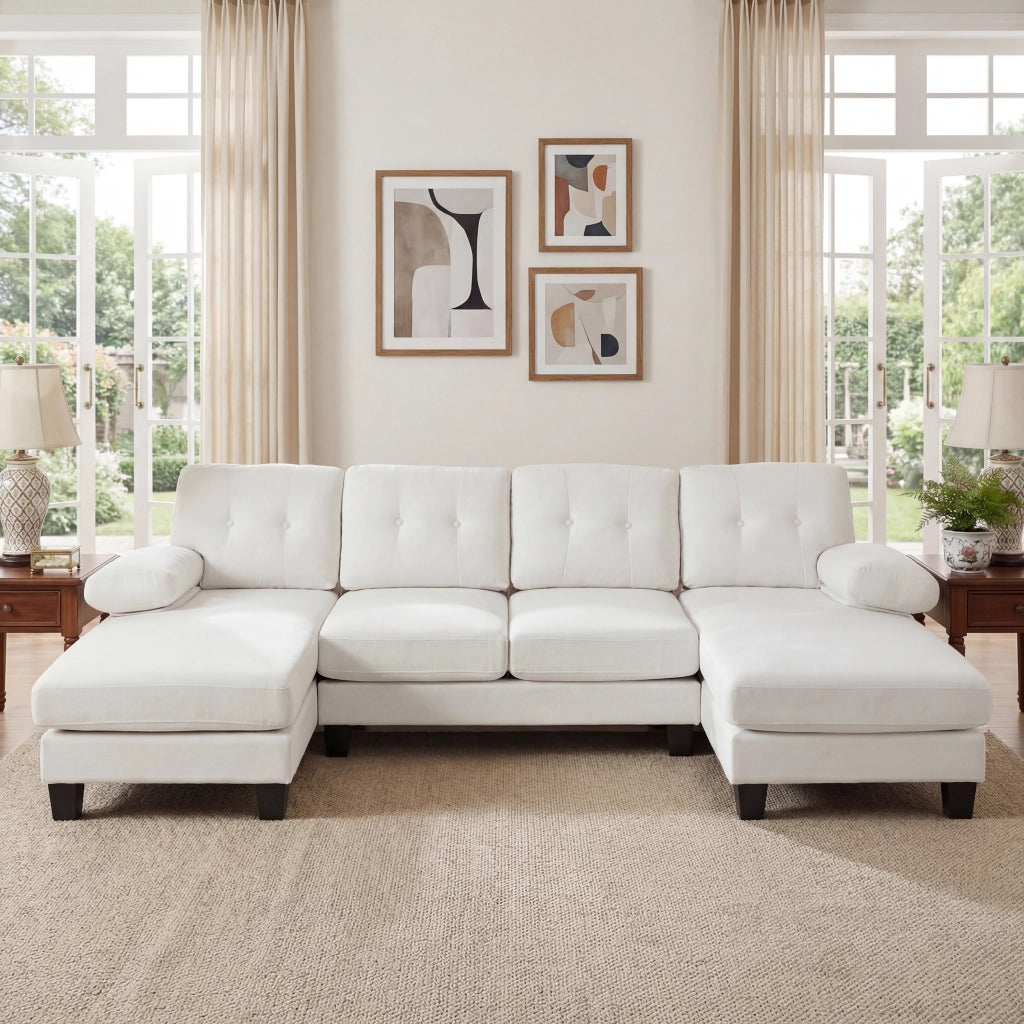Divano a U con chaise longue bilaterale, tasche laterali e braccioli removibili in chenille beige 268 × 128 × 84 cm