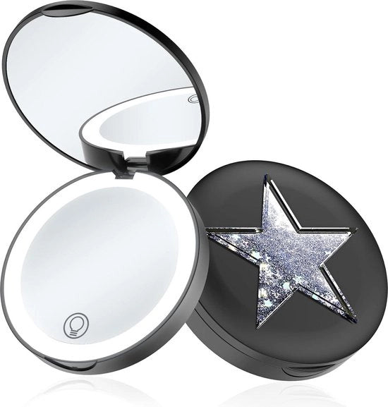 Specchio di Trucco Compattabile con Luce LED - Specchio Portatile Opportuno per Viaggi - Strumento di Bellezza - Modello UK23 Nero