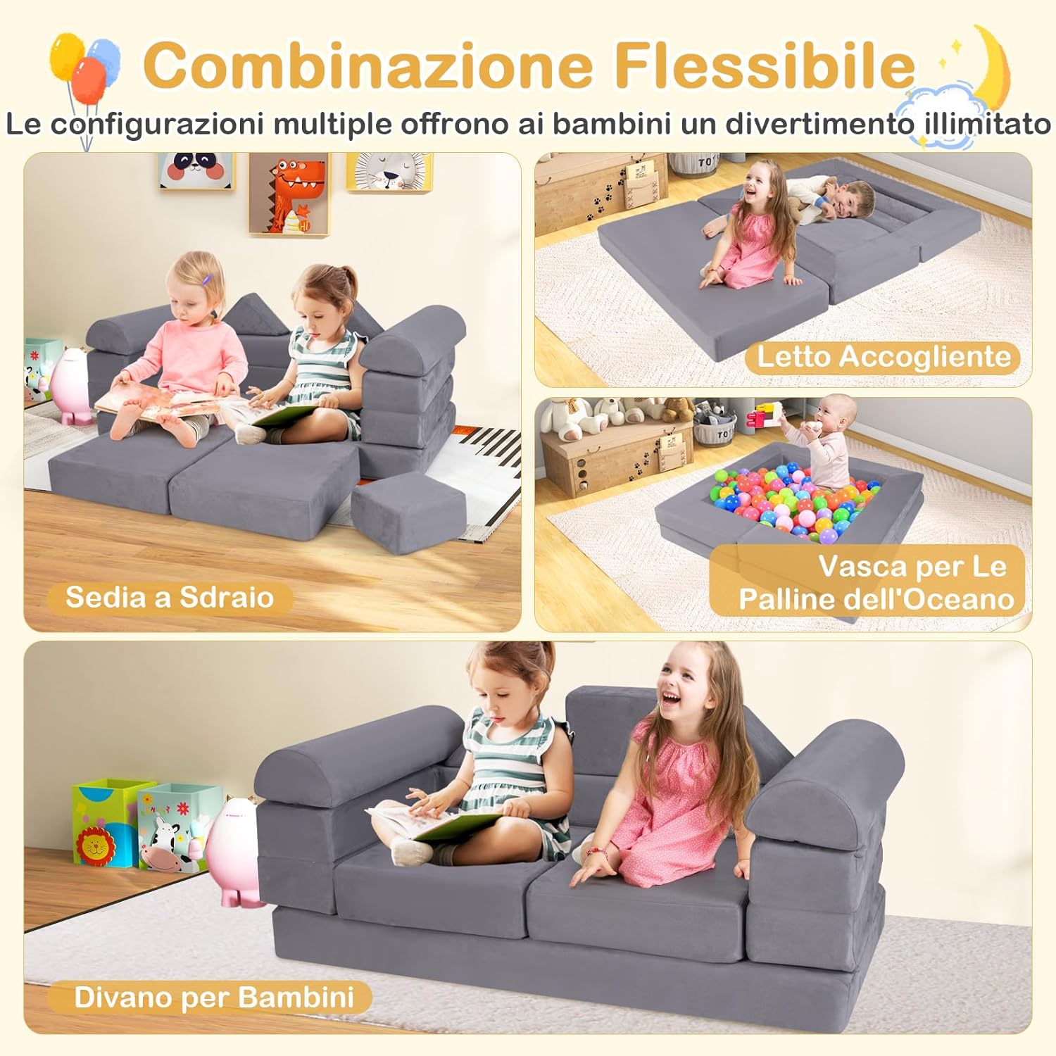 Divano Modulare per Bambini, 9 Pezzi, Divano Letto per Bambini in Schiuma con Tessuto Suede, Coperture Lavabili, Divano Convertibile per Stanze da Gioco, Camere da Letto, Soggiorno (Grigio)