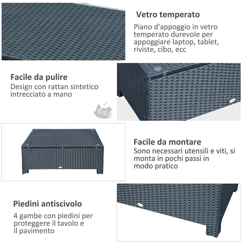 TAVOLINO DA ESTERNI IN RATTAN PE CON PIANO IN VETRO TEMPERATO, 85X50X39CM, NERO