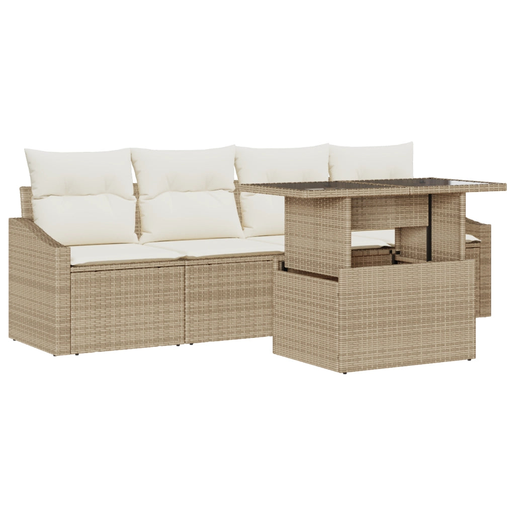 Set di divani da giardino 5 pezzi con cuscini Beige Rattan poliestere