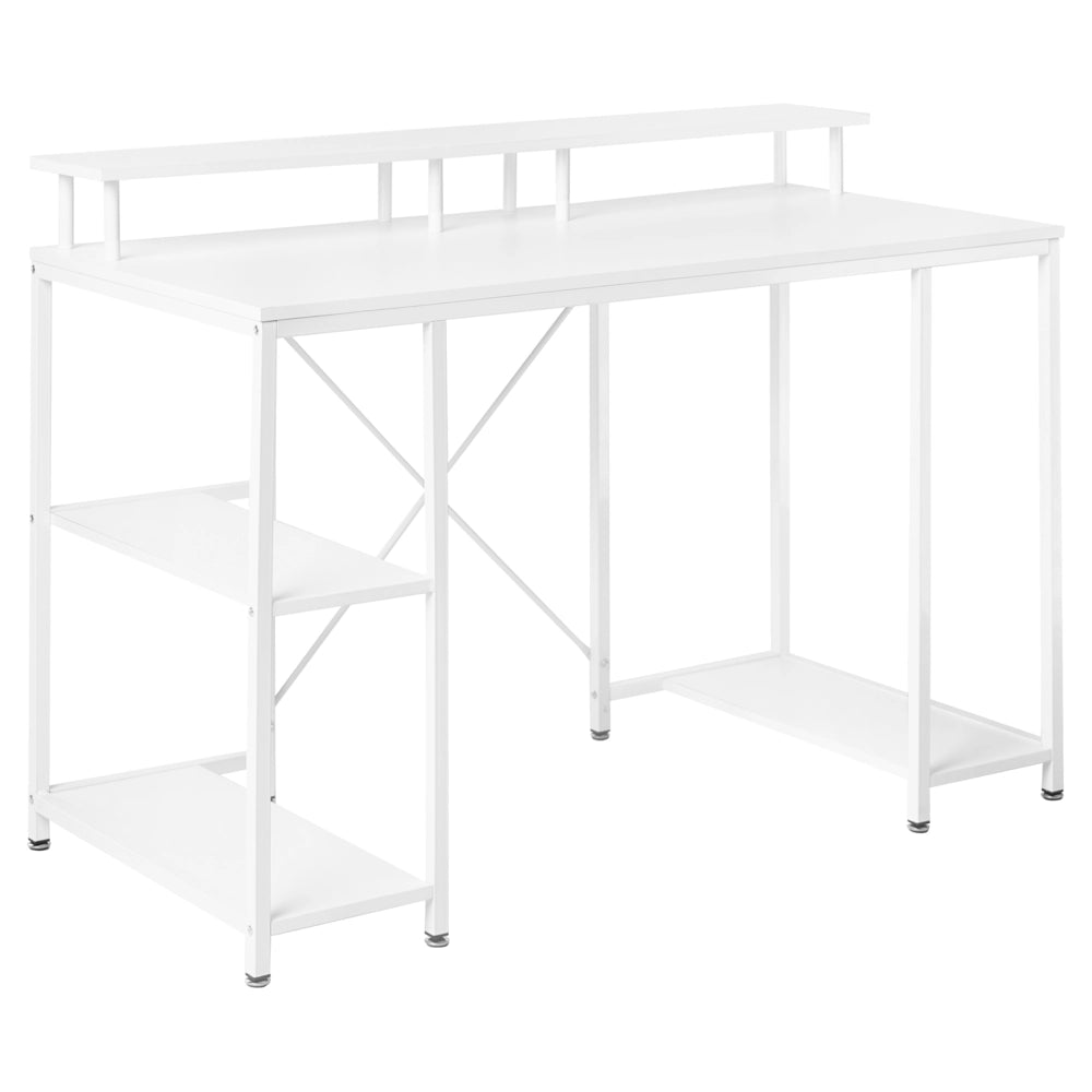 Scrivania con piano in MDF bianco, gambe e struttura in ferro verniciato a polvere, 3 ripiani per aggiungere spazio di archiviazione, moderna