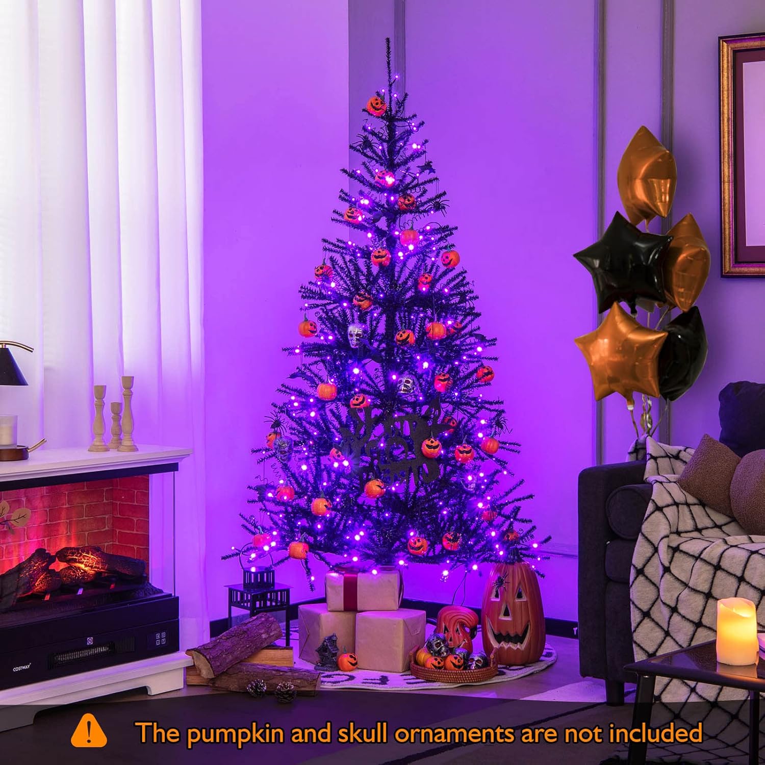 Albero di Natale Nero 183 cm, Albero di Natale Halloween con 791 Punte di Rami in PVC, 250 Luci LED e Ornamenti, Albero di Natale Artificiale con Luci per Casa, Ufficio e Scuola