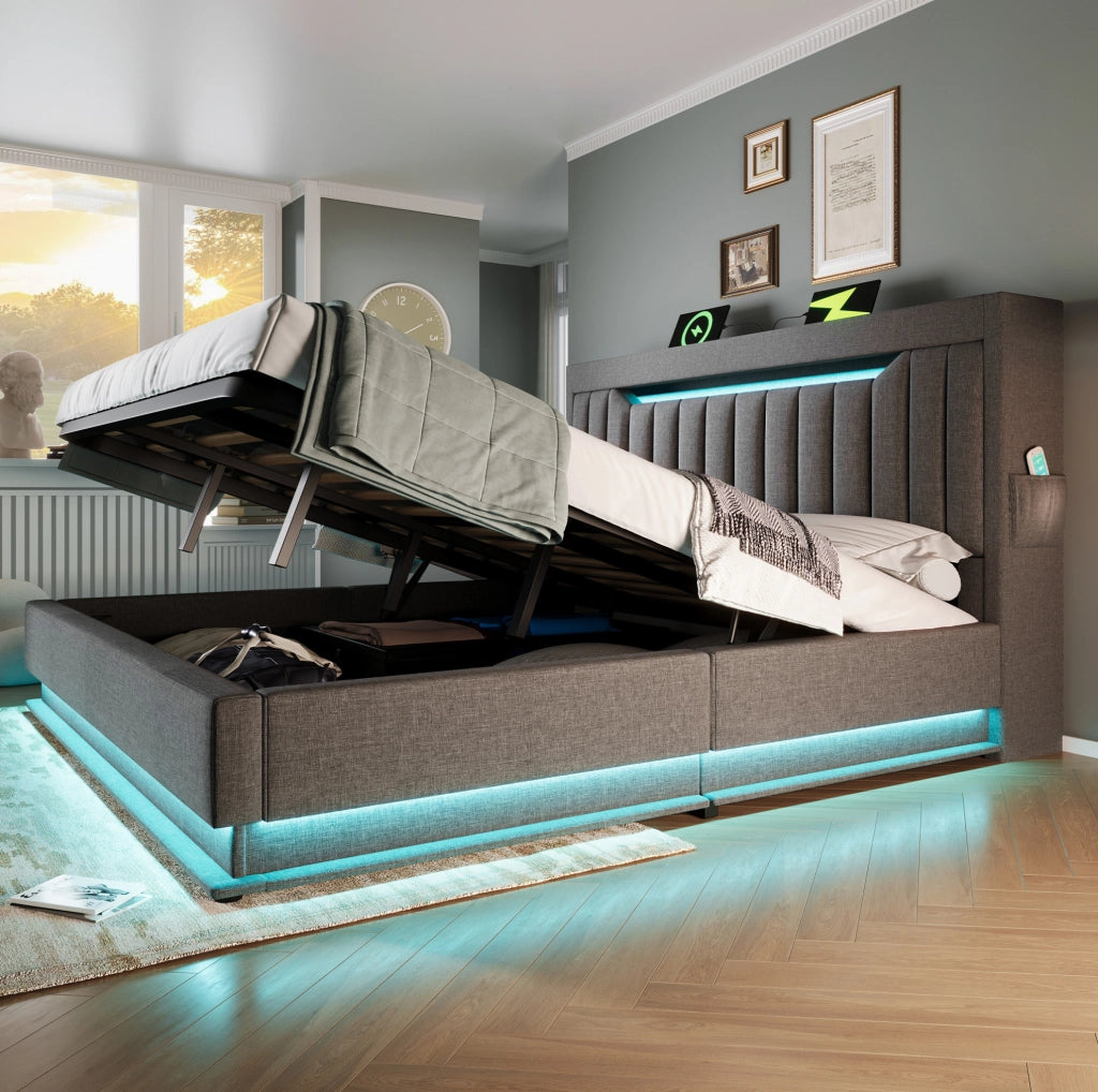 Letto imbottito 140x190 cm grigio con LED, USB-C e contenitore