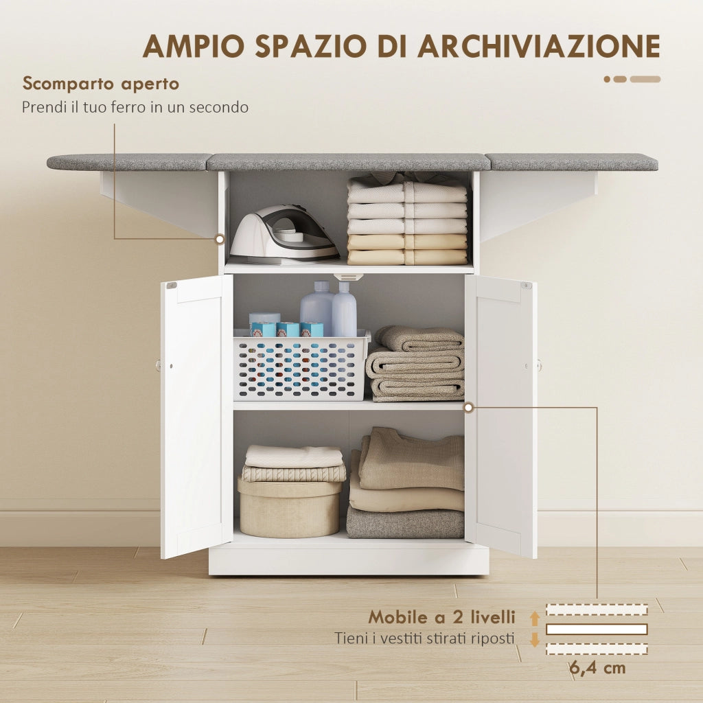 Mobile con Asse da Stiro Pieghevole 131x37x88,5 cm e Armadietto in MDF Bianco
