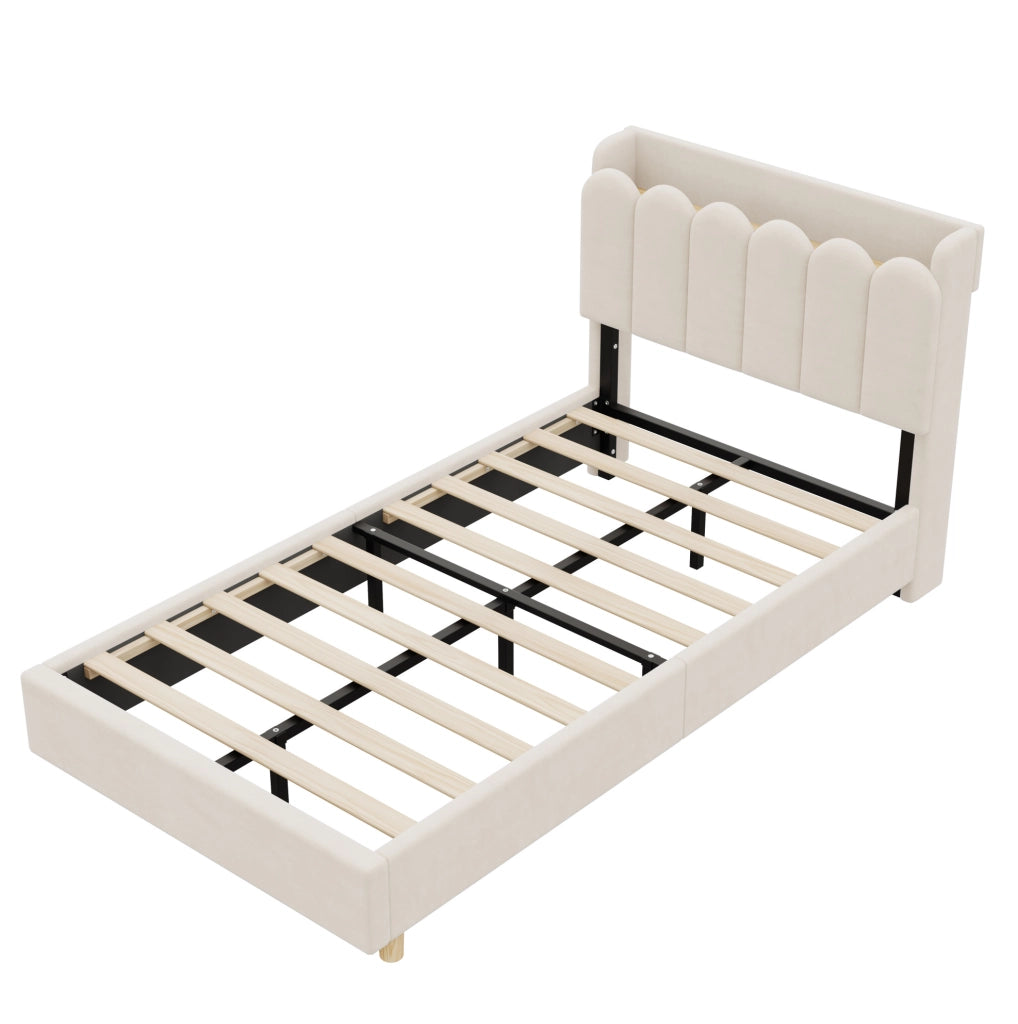Letto singolo imbottito 90x200 cm con rete; testiera con luce notturna e porte USB Tipo C; beige