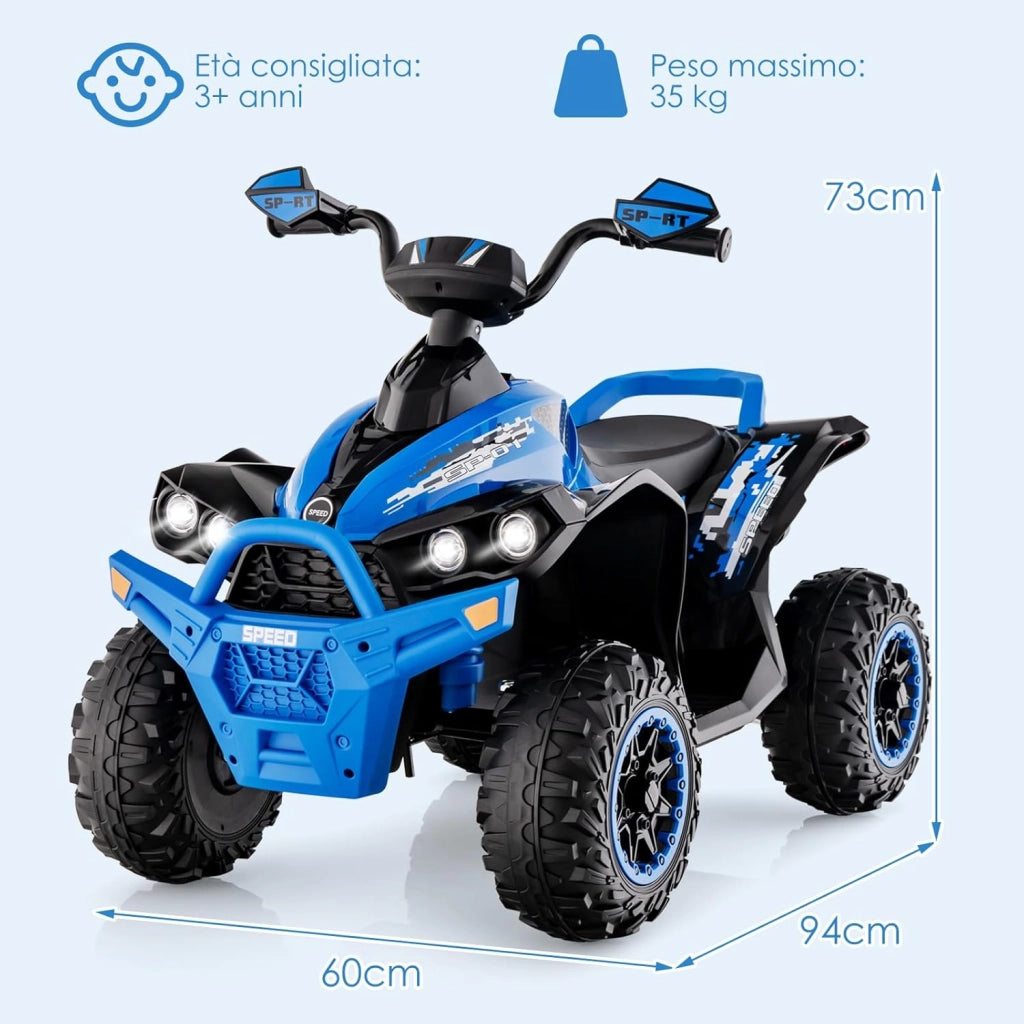 12V Quad Elettrico per Bambini, Auto Elettrica Cavalcabile con Luci LED Musica e Pedale, 2,2-4,3 km/h, Quad Regalo per Bambini 3-8 Anni (Blu)