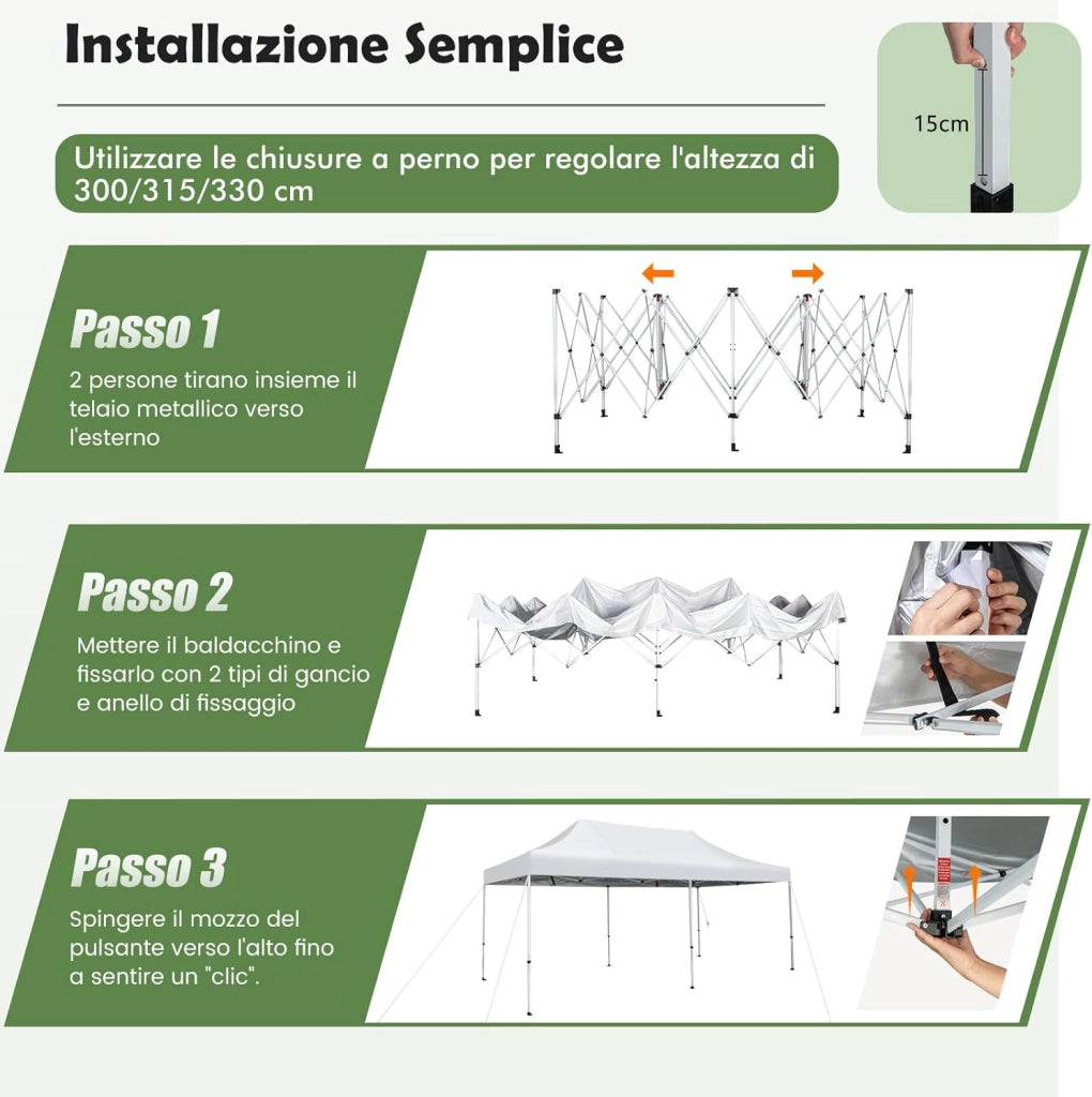Gazebo Commerciale Regolabile e Pieghevole 6x 3M, con Ruote e Borsa Portatile, Patio Impermeabile per Matrimoni, Feste e Campeggi, Bianco