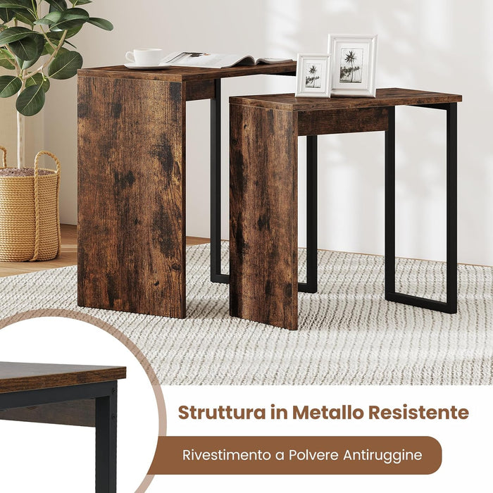 Set di 2 Tavolini da Caffè Impilabili, Tavoli Laterali per Divano con Piano in Finta Legno e Struttura in Metallo, Tavoli per Salotto, Studio e Camera da Letto, Marrone