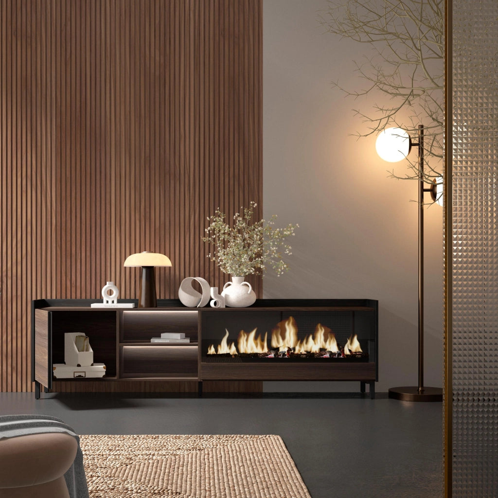 Mobile TV Soggiorno, 212x61x35 cm, Per TV fino a 80", Camino elettrico XXL, Design industriale, LED, Rovere scuro e Nero