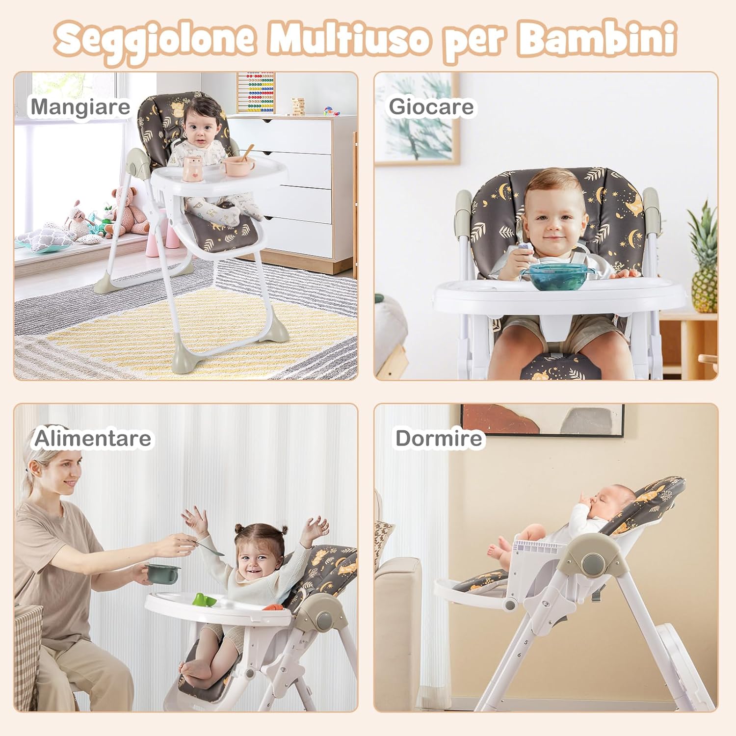 Seggiolone Pappa Pieghevole per Bambini, Seggiolone Portabile con Schienale e Altezza Regolabili, con Ruote, per Bambini 6-36 Mesi, Grigio (Marrone)