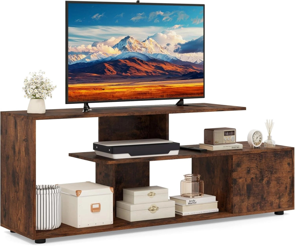Mobile Porta TV, per TV Fino a 55'', Console Media a 3 Ripiani Asimmetrici con Ripiani di Stoccaggio e Armadietto, Mobile TV con Cassetto, 5 Gambe di Supporto (Industriale)