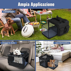 Trasportino Pieghevole per Cani e Gatti, Borsa da Trasporto per Animali con 2 Aperture, Finestra, Cesto Interno in Rete, Tasche Laterali e Porta Bicchiere, Gabbia Morbida e Portatile (S)