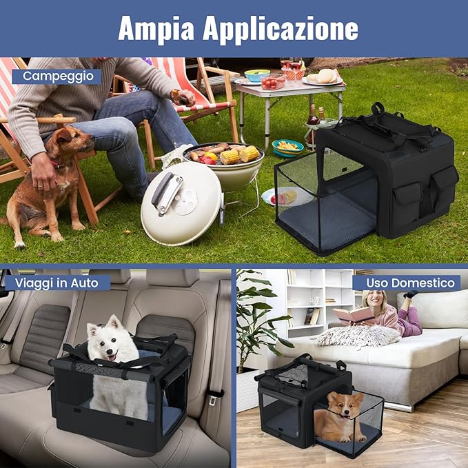 Trasportino Pieghevole per Cani e Gatti, Borsa da Trasporto per Animali con 2 Aperture, Finestra, Cesto Interno in Rete, Tasche Laterali e Porta Bicchiere, Gabbia Morbida e Portatile (S)