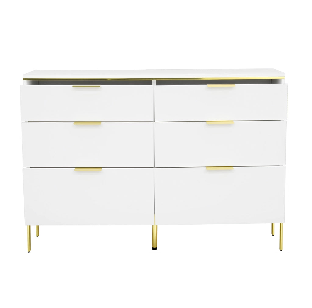 Sideboard moderno a 6 cassetti 120 cm bianco con frontali lucidi e dettagli oro