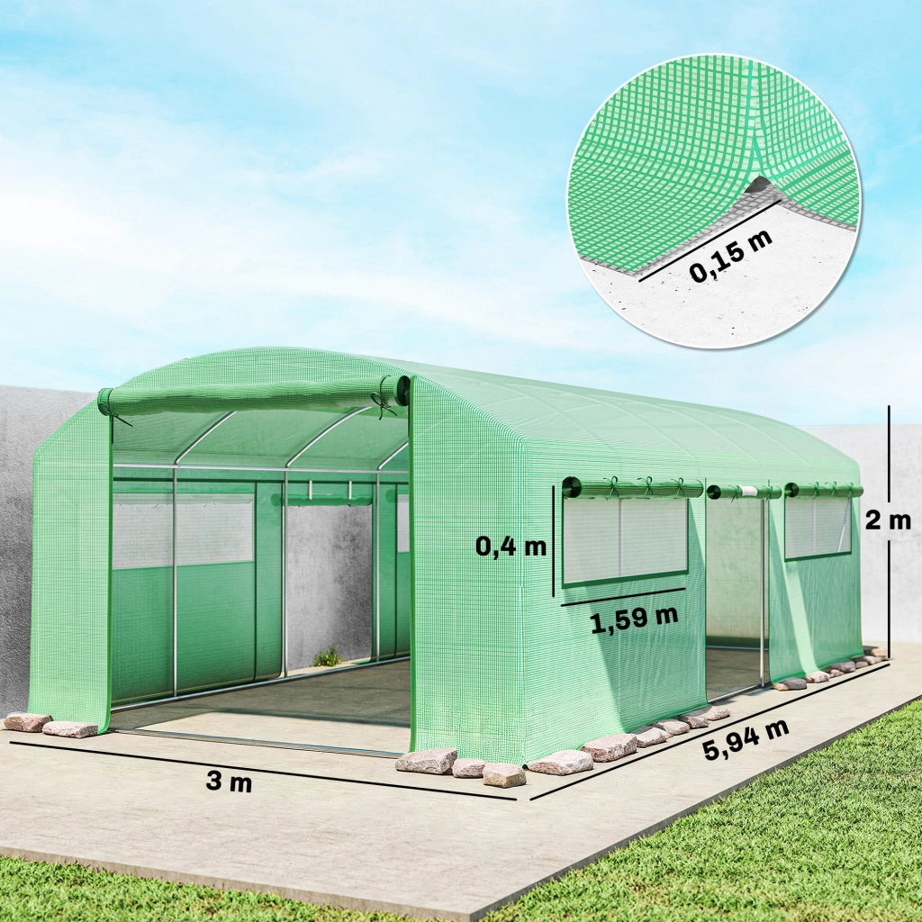 Serra Tunnel 6x3x2 m ¨C Minimal ¨C Verde, Acciaio Galvanizzato, 3 Porte Arrotolabili, 6 Finestre a Reticolo