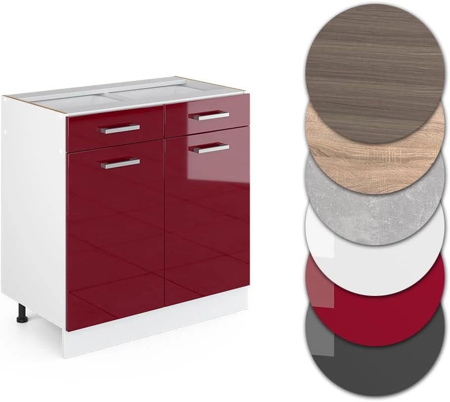 Mobiletto base per cucina R-Line, Rosso lucido, 80 cm senza piano di lavoro, per la libera combinazione all'interno di sistemi cucina modulari