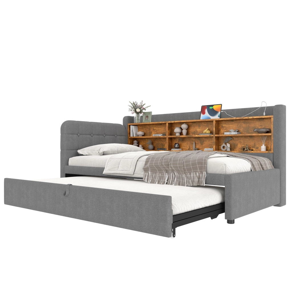 Letto daybed estraibile con testiera imbottita e prese di ricarica