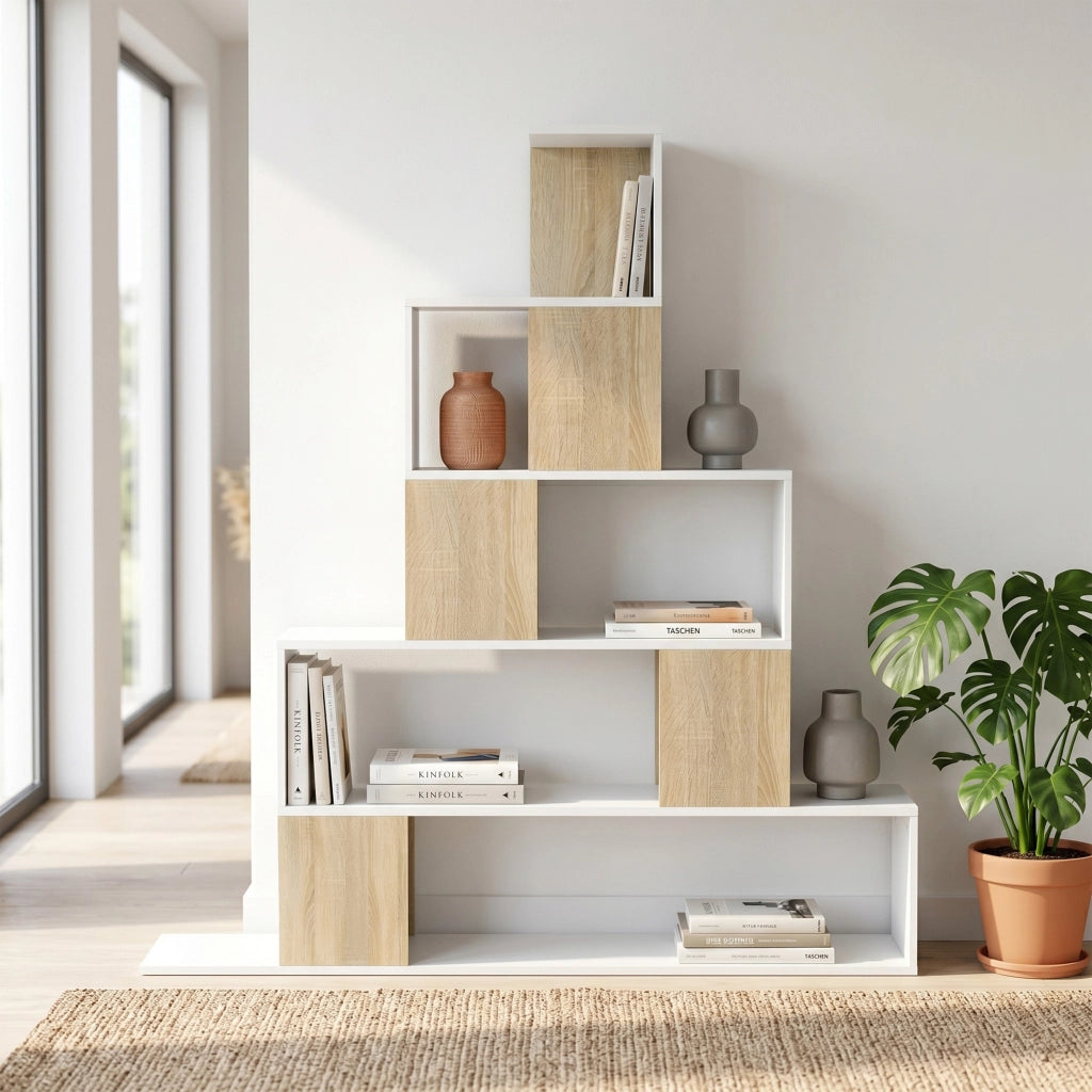 Libreria Moderna a 5 Ripiani con Design a Gradini, 120x22x131.5 cm, Bianco e Legno