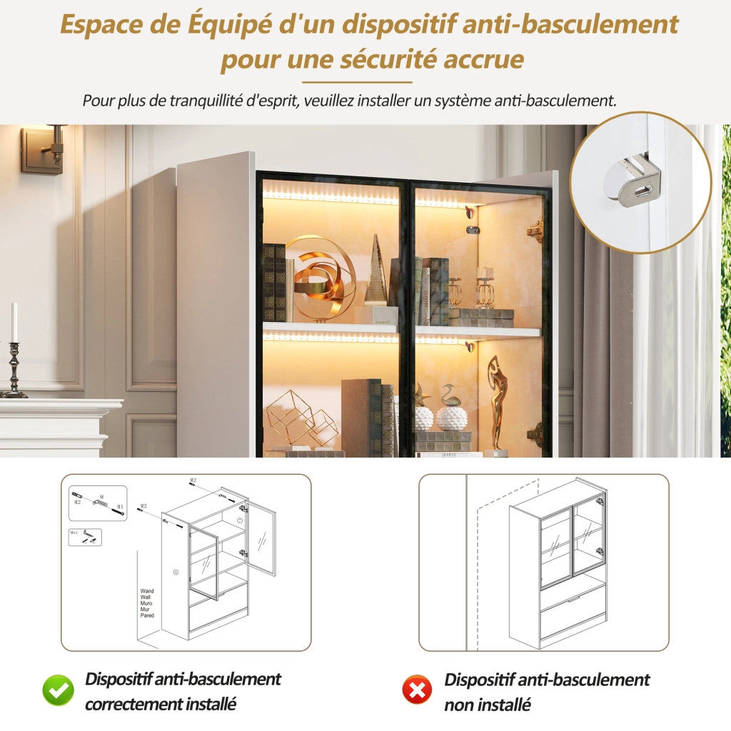 Vetrina con LED e ante in vetro, vano ribaltabile, per soggiorno, in truciolare e vetro, bianco 120 × 80 × 35 cm