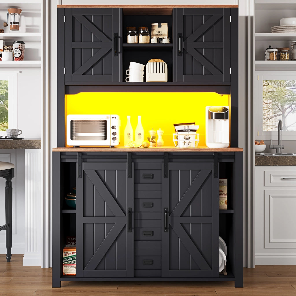 Credenza Cucina Alta con Ante Scorrevoli; 2 Cassetti; Ripiani Regolabili e LED per Cucina; in MDF e Metallo; 115x40x174;7 cm; Nero