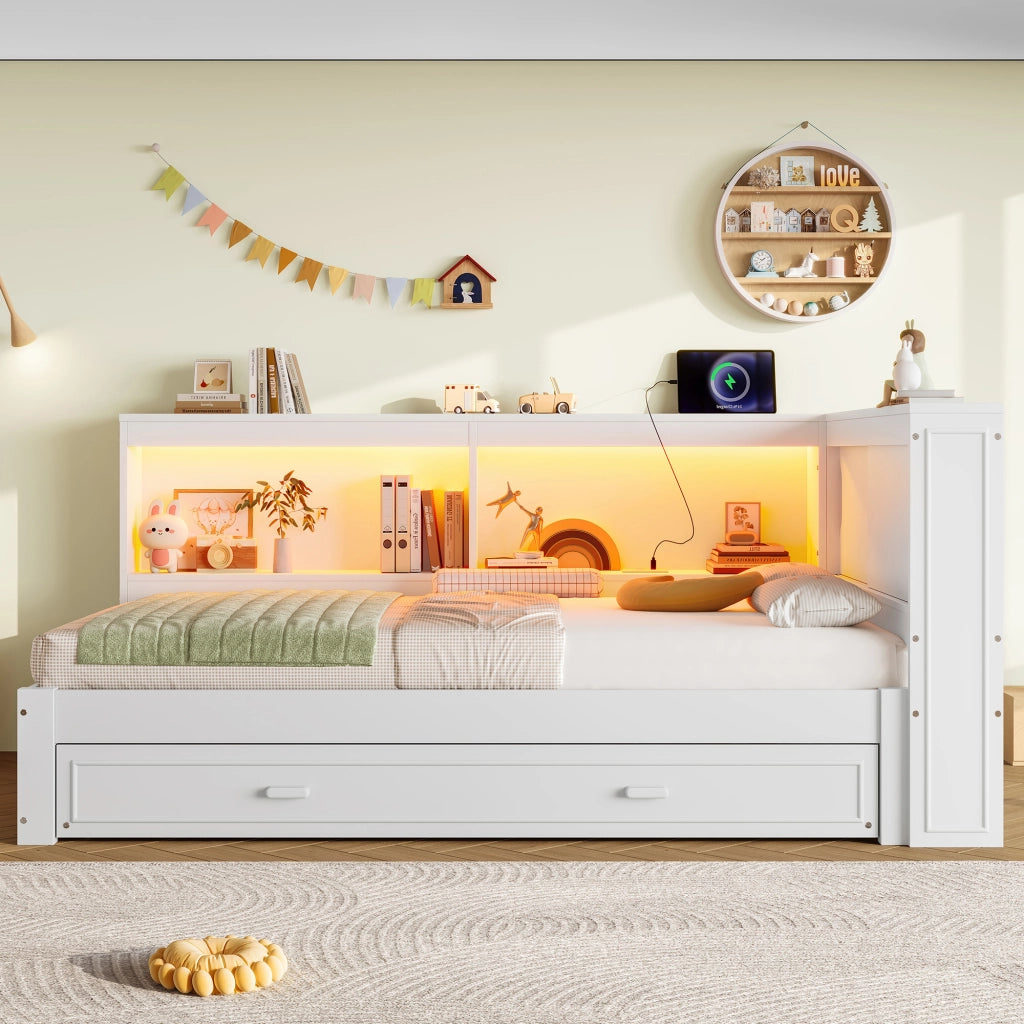 Letto estraibile singolo 90×200 cm con LED; presa; USB; Type-C e ripiani; senza materasso; bianco