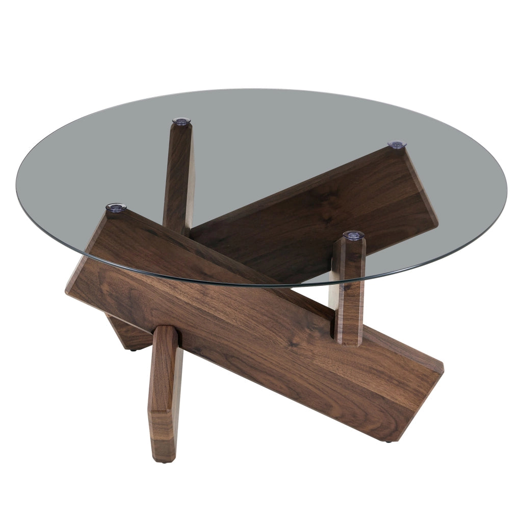 Tavolino da caffè rotondo 88.5x88.5x12.5 cm con piano in vetro temperato; MDF e vetro noce