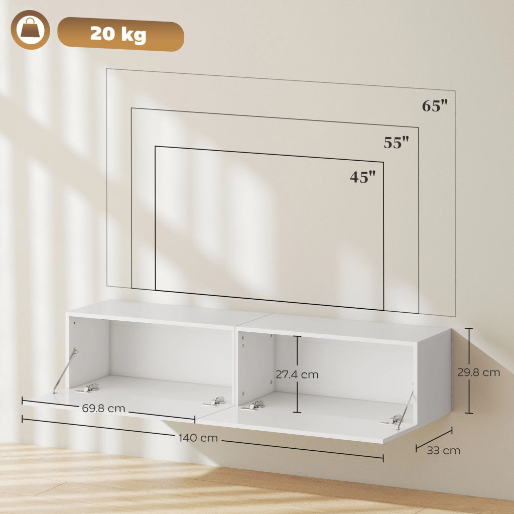 Mobile Sospeso con Armadietti con Ante a Ribalta 140x33x29,8 cm in Truciolare Bianco Lucido