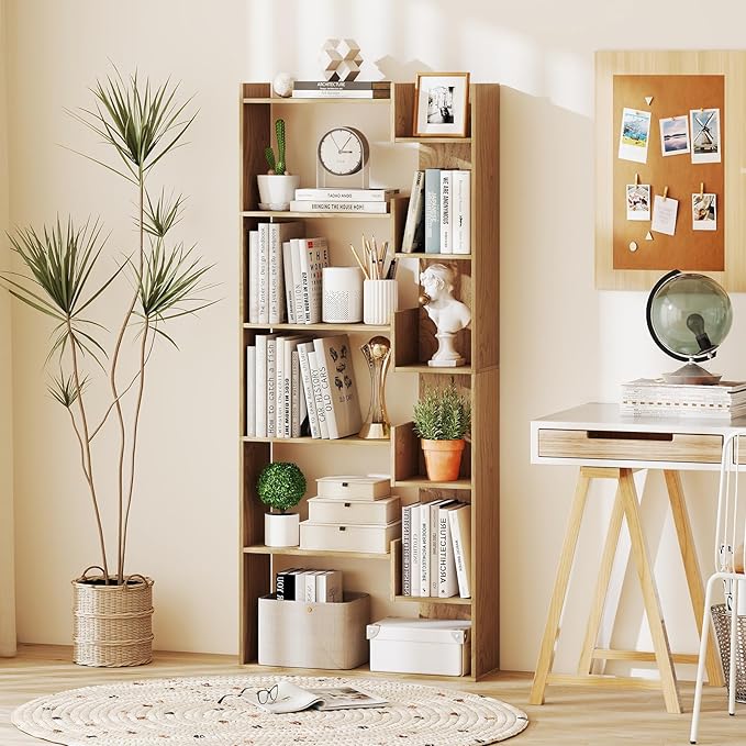 Libreria a 6 Ripiani, Scaffale Alto Salvaspazio in Legno, Libreria Moderna per Studio, Ufficio, Soggiorno e Camera da Letto, 69 x 22 x 163 cm (Naturale)