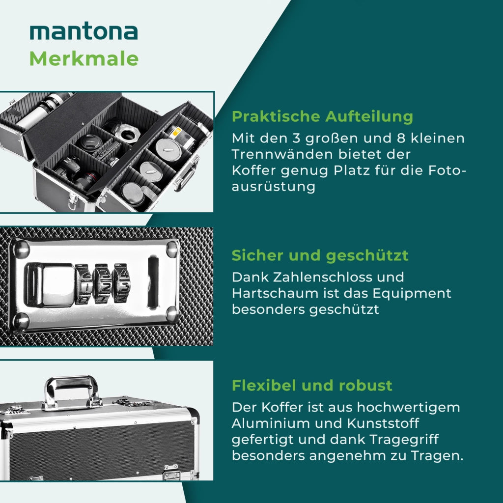 Mantona Valigetta fotografica in alluminio, custodia per fotocamera e obiettivi, con serratura a combinazione scomparti e imbottitura in schiuma