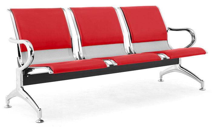 Panca per Sala Attesa 3 Posti da Ufficio con Cuscino in Acciaio e Similpelle Argento/Rosso