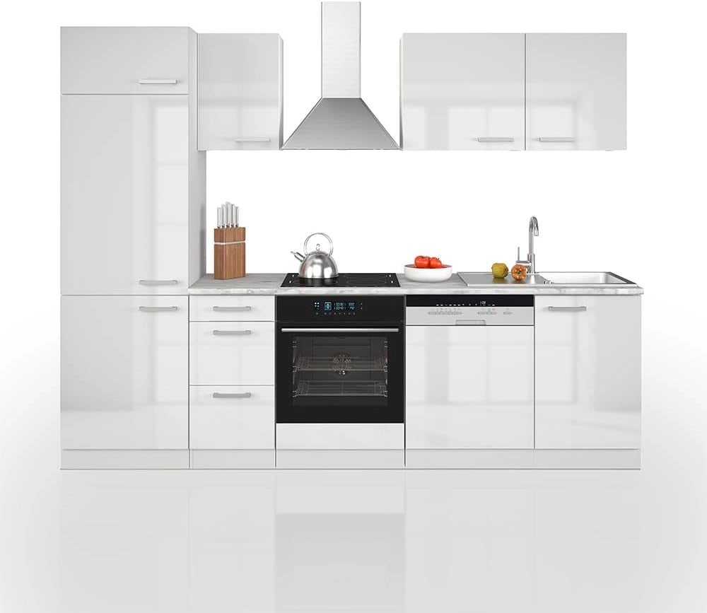Cucina componibile Optima, Bianco lucido/bianco, 270 cm senza piano di lavoro, adatto per disposizione e ampliamento personalizzati