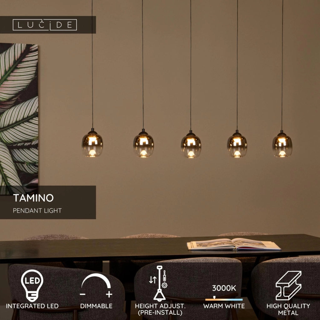 Lampada a sospensione TAMINO 5 luci LED vetro fumé nera