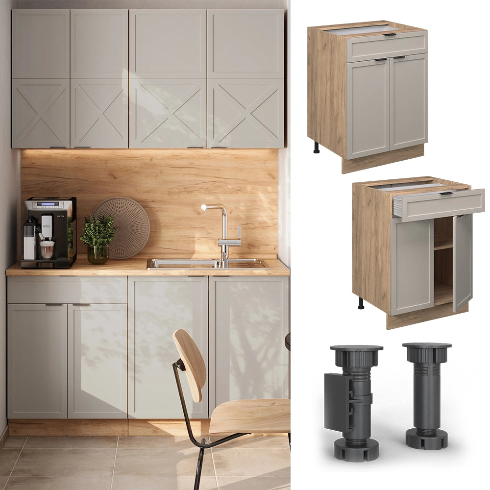 Mobiletto base per cucina Fame-Line GrigioBeige/Rovere dorato 60 cm con cassetto, PL Rovere Vicco