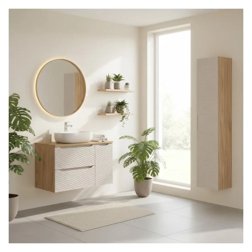 Set da bagno YOKA beige: mobiletto sottolavabo 90 cm + piano per lavabo + lavabo da appoggio + colonna di stoccaggio