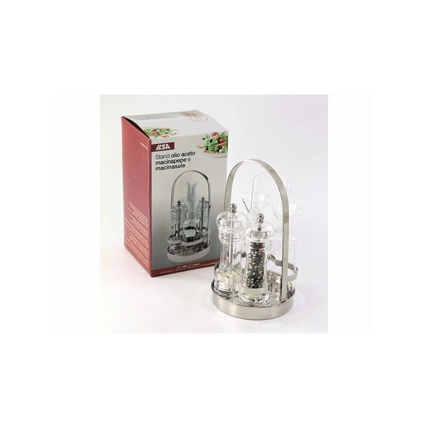 Ilsa ILS490256 Stand Oliera Acetiera Macinasale Macinapepe Set 4 Pezzi Acciaio Inox Ampolle Vetro Macina Ceramica 13,5 cm
