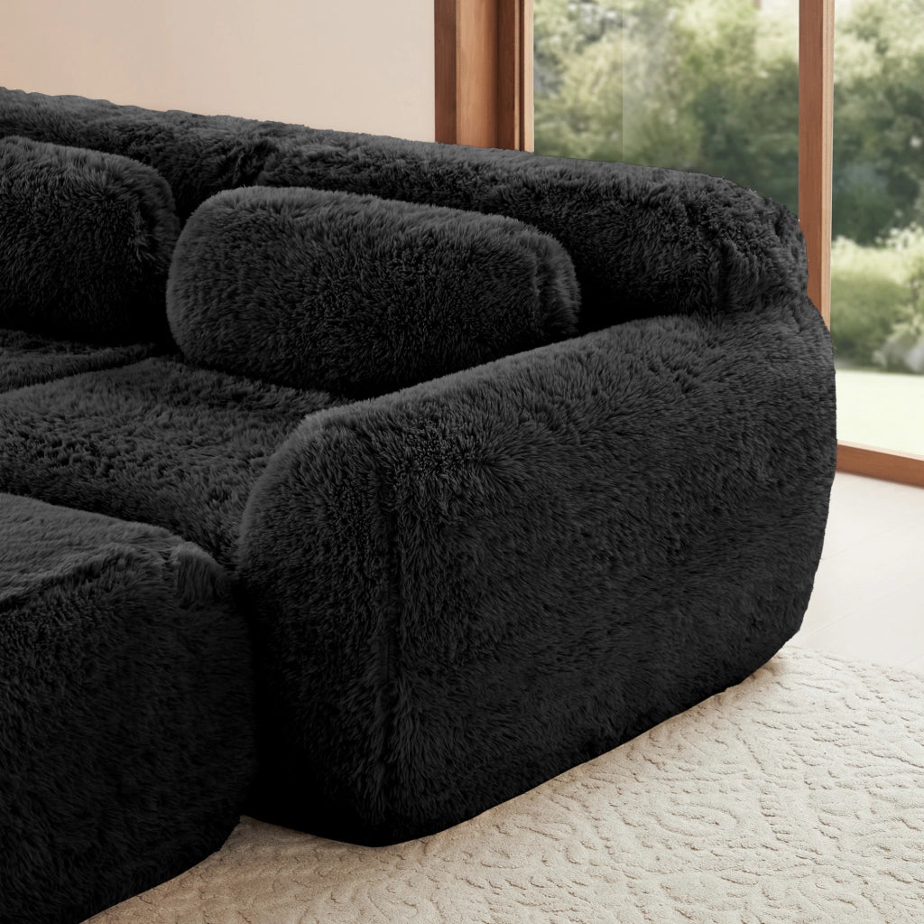 Divano modulare angolare a L 291x179x73 cm in tessuto peluche nero; senza montaggio