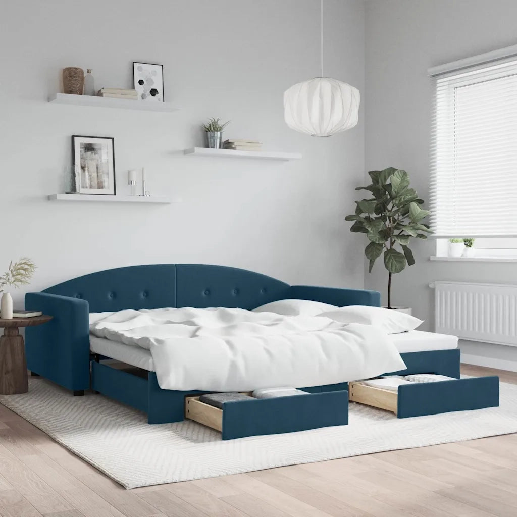 Divano letto | Sof¨¤ letto | Letto singolo Estraibile con Cassetti Blu 100x200 cm in Velluto