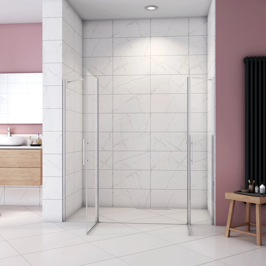 Box Doccia per Nicchia H.195 cm Doppia Porta Battente Saloon da 165 cm (80+90: 1620-1660 mm) 2 Pannelli Fissi con Barra Stabilizzatrice Vetro Temperato 6 mm Anticalcare