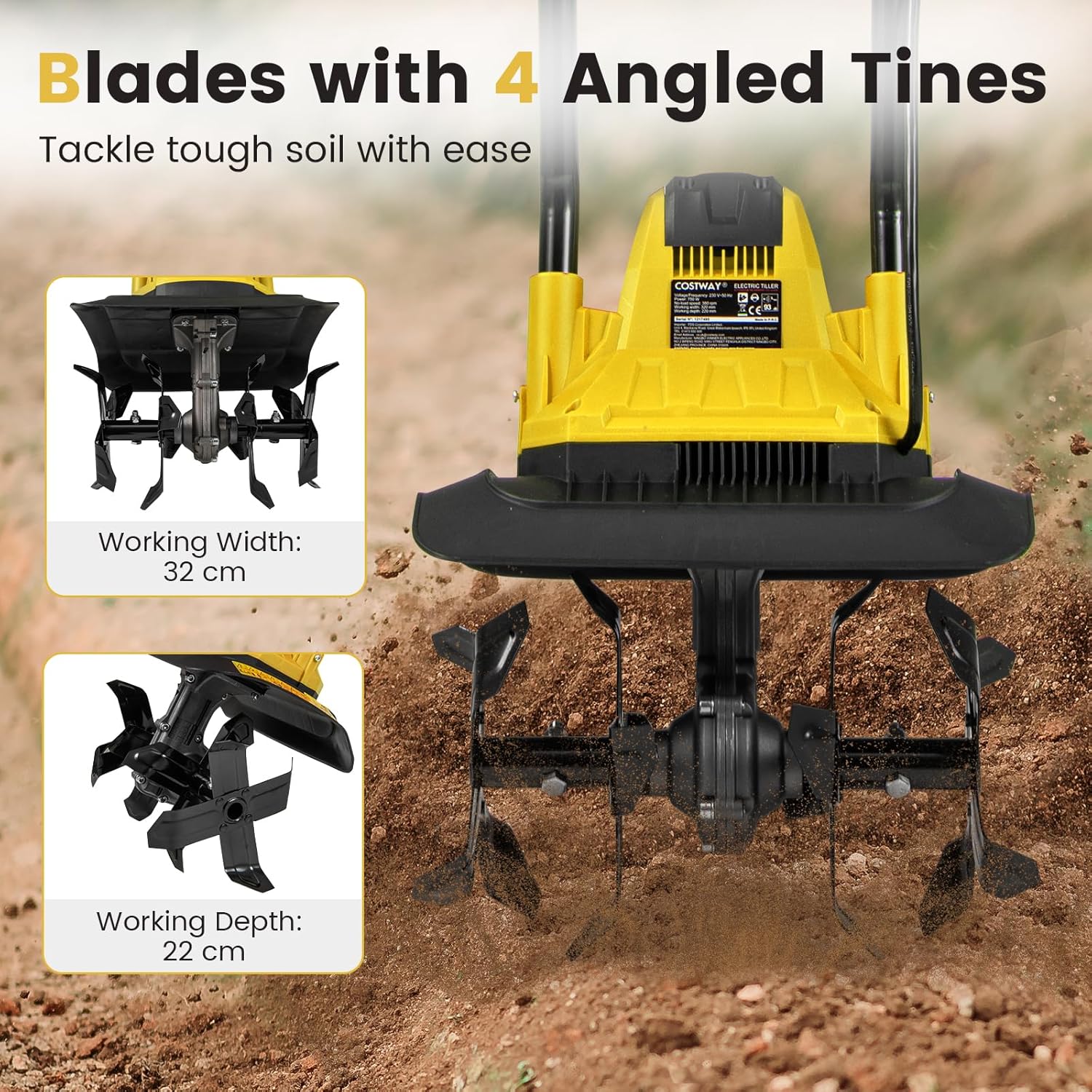 Motozappa Elettrica a Filo, Zappatrice da Giardino con Manico Ergonomico e Motore Forte, Motocoltivatore Pieghevole per Scavare Terreno del Prato (32,5 x 24 x 138 cm,Giallo)